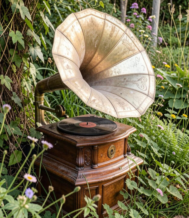 Vintage gramophone among wildflowers and long grass