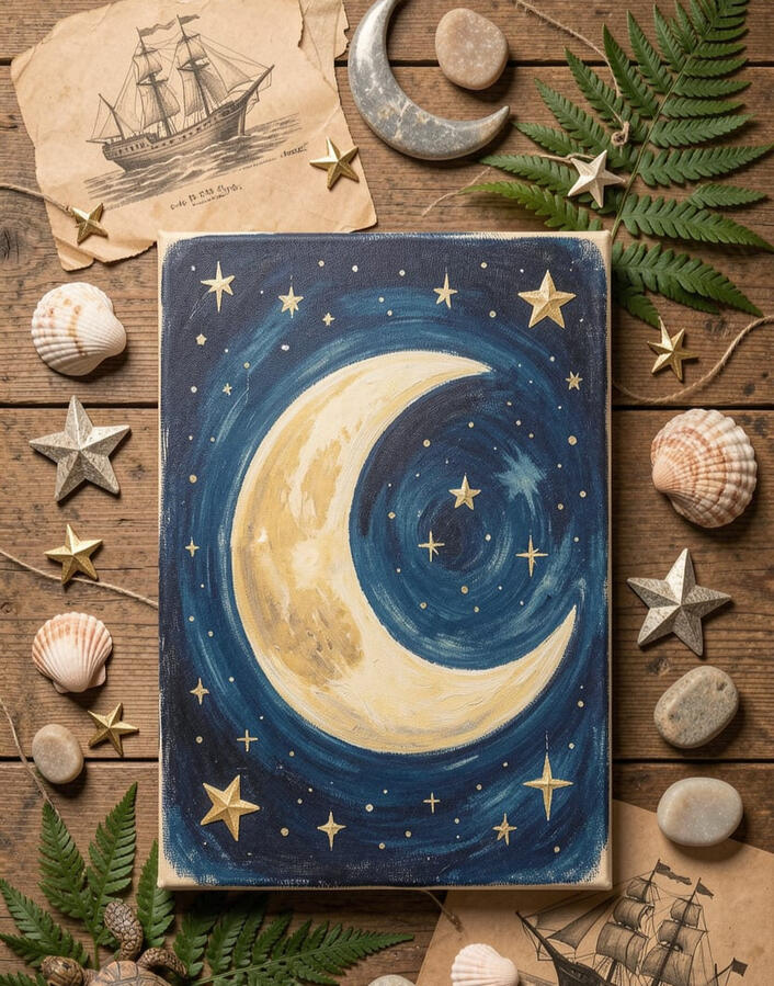 Moon painting surrounded by shells and seaside objects